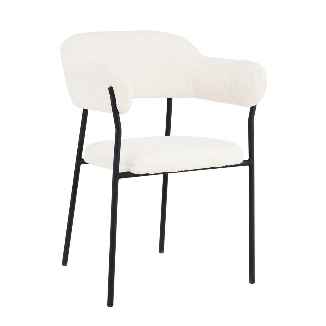 Clavin Boucle Dining Chair Set of 2 - Cream White features white cushioned seats with black metal legs and armrests, highlighting its modern design and upholstered boucle texture.