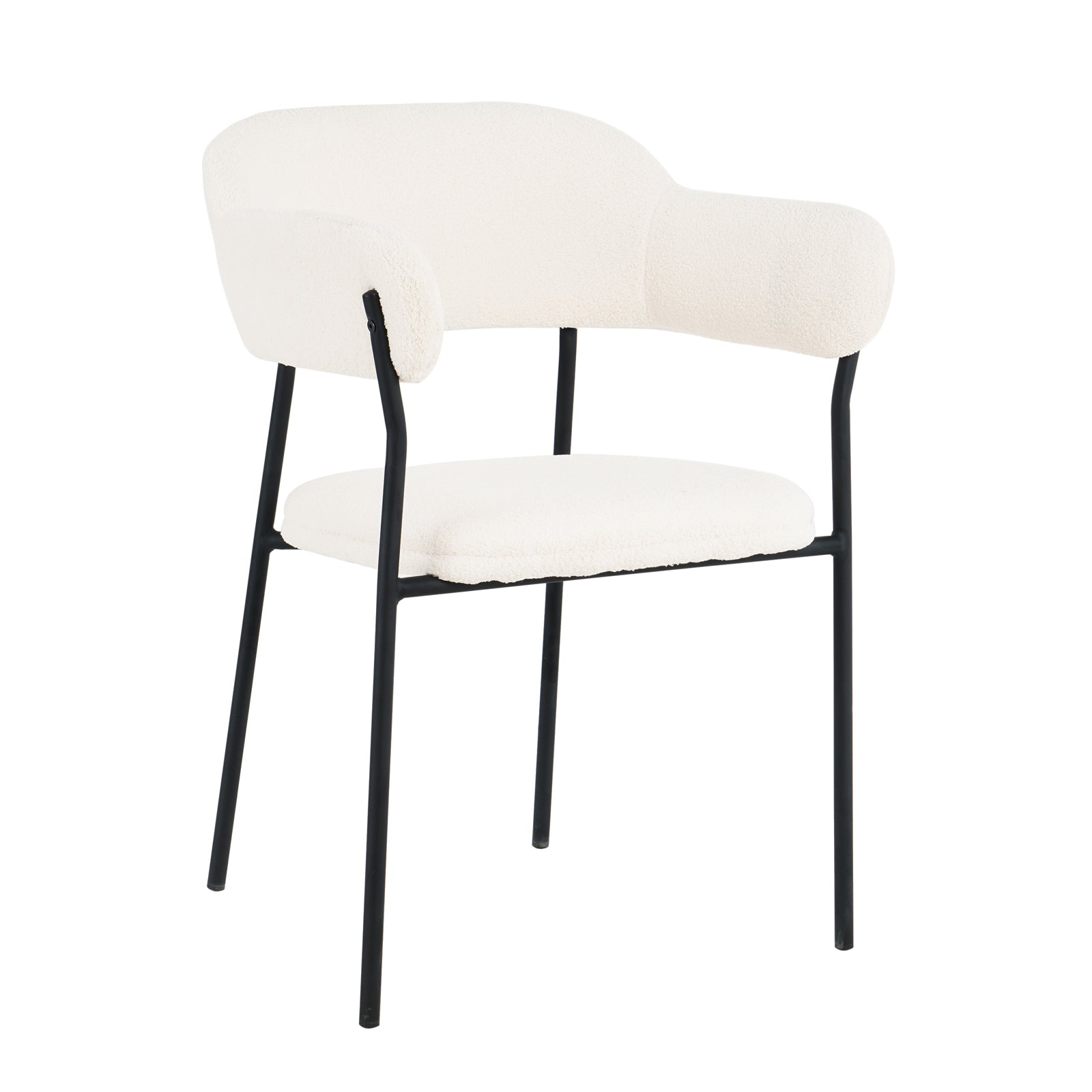 Clavin Boucle Dining Chair Set of 2 - Cream White features white cushioned seats with black metal legs and armrests, highlighting its modern design and upholstered boucle texture.