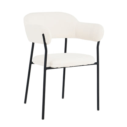 Clavin Boucle Dining Chair Set of 2 - Cream White features white cushioned seats with black metal legs and armrests, highlighting its modern design and upholstered boucle texture.