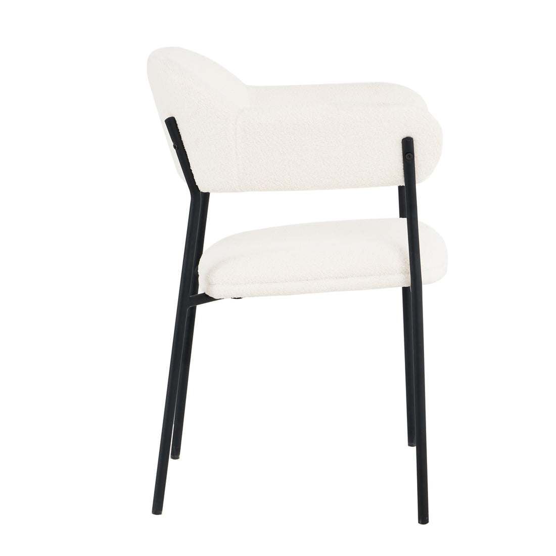 Clavin Boucle Dining Chair Set of 2 in Cream White features an off-white bouclé padded seat and backrest on a slim black metal frame with four straight legs, ideal for modern spaces.