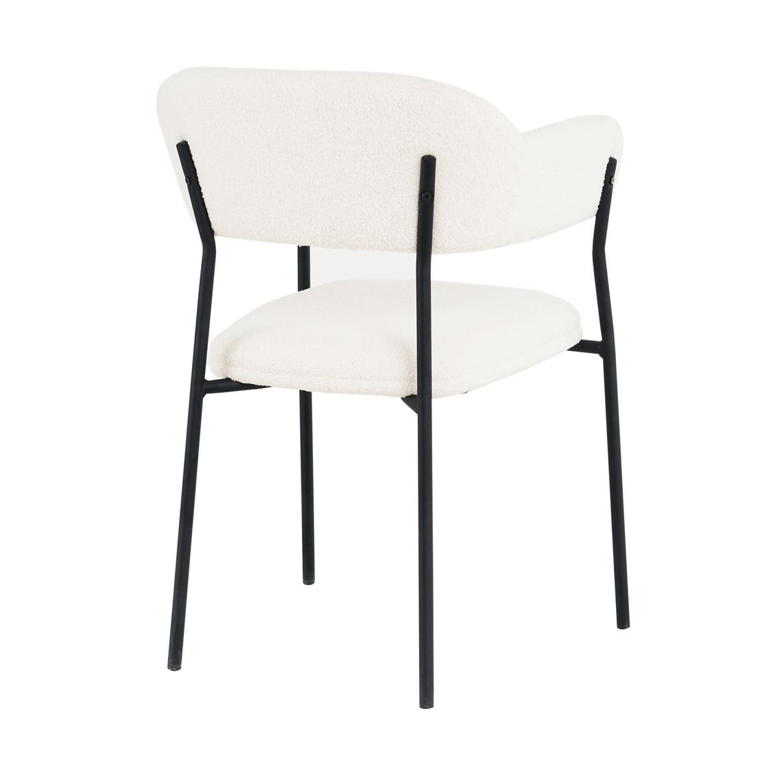 Clavin Boucle Dining Chair Set of 2 in Cream White features softly upholstered seats and curved backrests in white boucle, supported by a sleek black metal frame with four straight legs.
