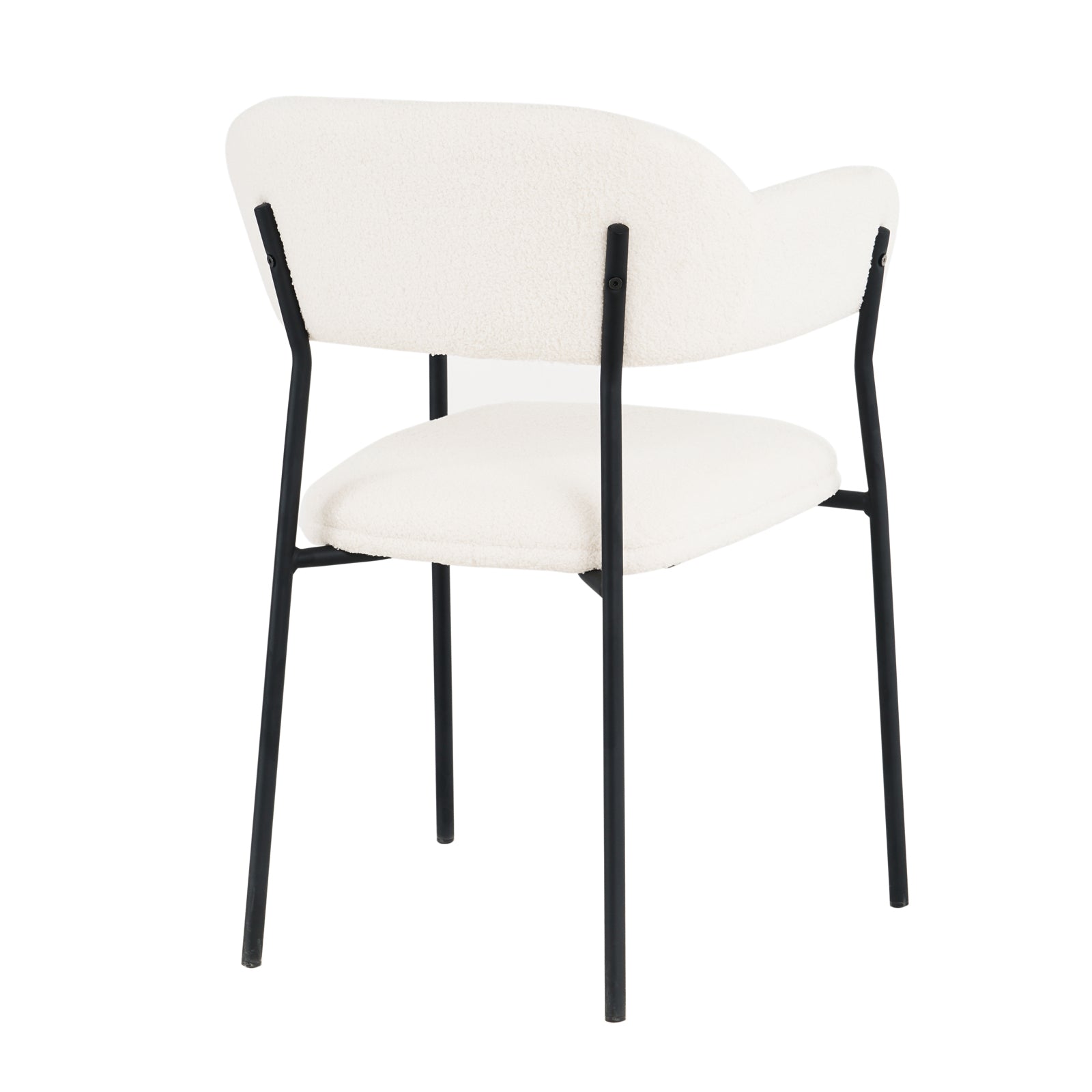 Clavin Boucle Dining Chair Set of 2 in Cream White features softly upholstered seats and curved backrests in white boucle, supported by a sleek black metal frame with four straight legs.