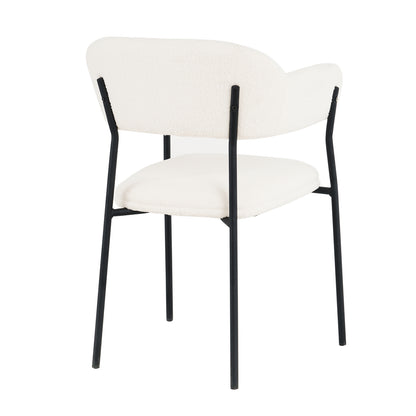Clavin Boucle Dining Chair Set of 2 in Cream White features softly upholstered seats and curved backrests in white boucle, supported by a sleek black metal frame with four straight legs.