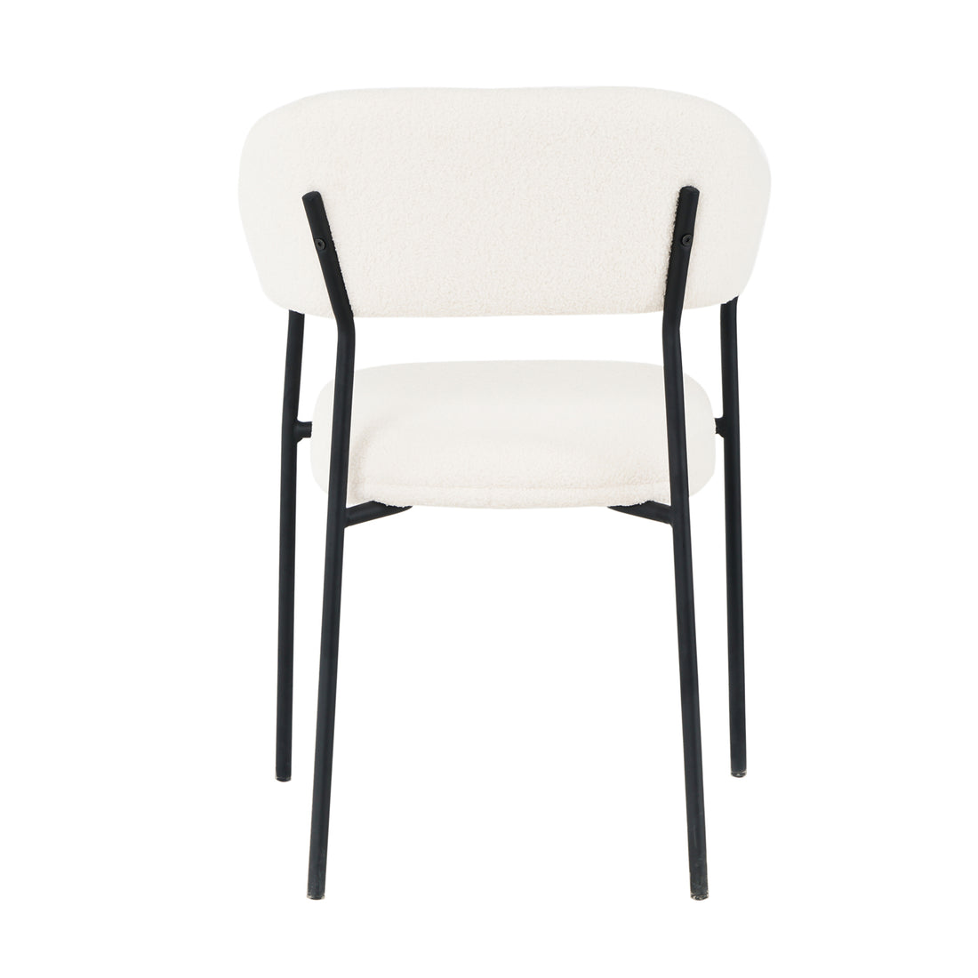 Clavin Boucle Dining Chair Set of 2 in Cream White, featuring a white-bouclé–style upholstered seat and backrest with slender black metal legs, viewed from the back.