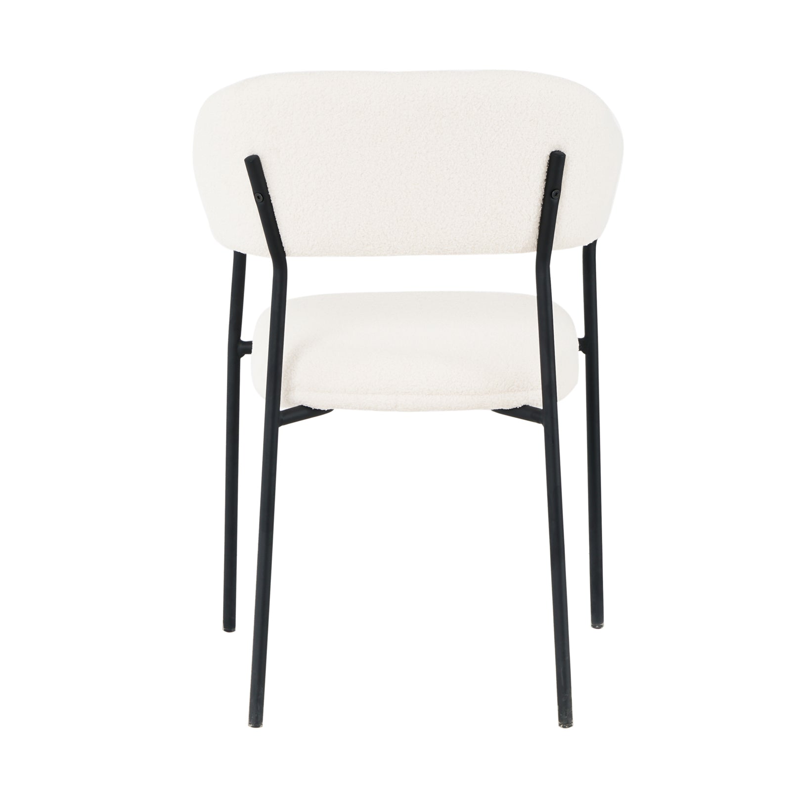 Clavin Boucle Dining Chair Set of 2 in Cream White, featuring a white-bouclé–style upholstered seat and backrest with slender black metal legs, viewed from the back.