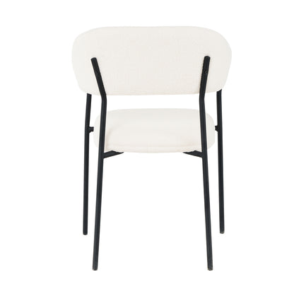 Clavin Boucle Dining Chair Set of 2 in Cream White, featuring a white-bouclé–style upholstered seat and backrest with slender black metal legs, viewed from the back.