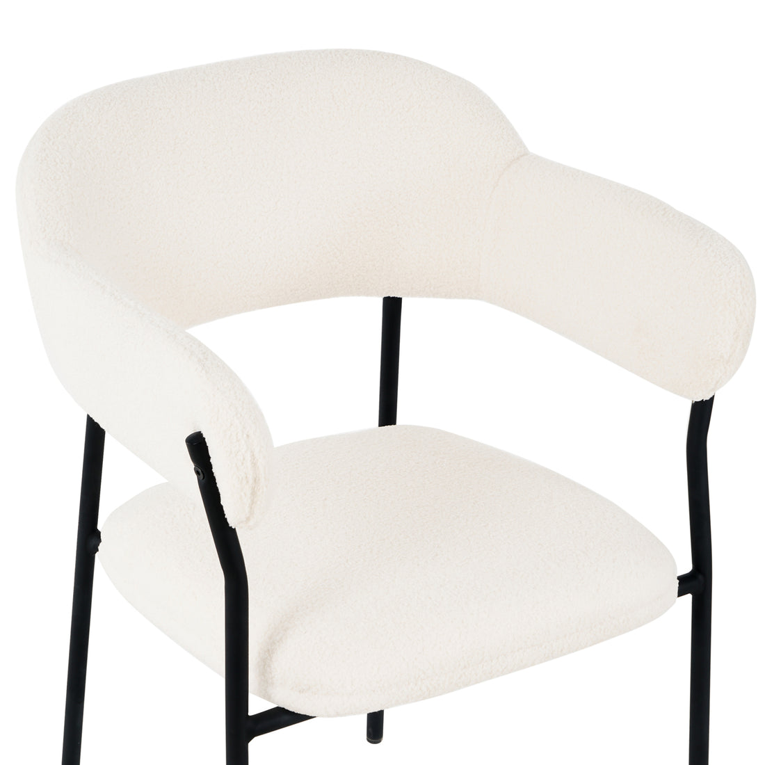 Clavin Boucle Dining Chair Set of 2 in Cream White, featuring a modern design with curved back, integrated armrests, creamy boucle upholstery, and sturdy black metal frame with four legs.