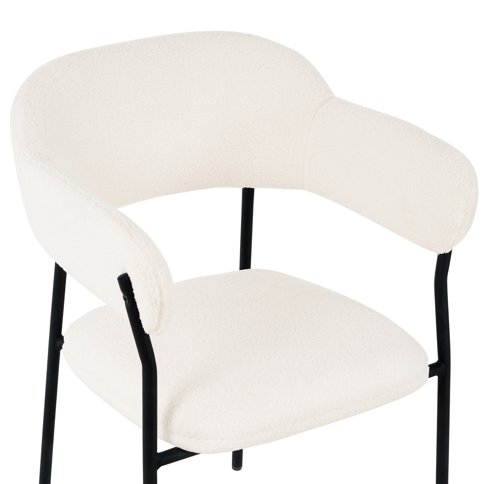 Clavin Boucle Dining Chair Set of 2 in Cream White, featuring a modern design with curved back, integrated armrests, creamy boucle upholstery, and sturdy black metal frame with four legs.