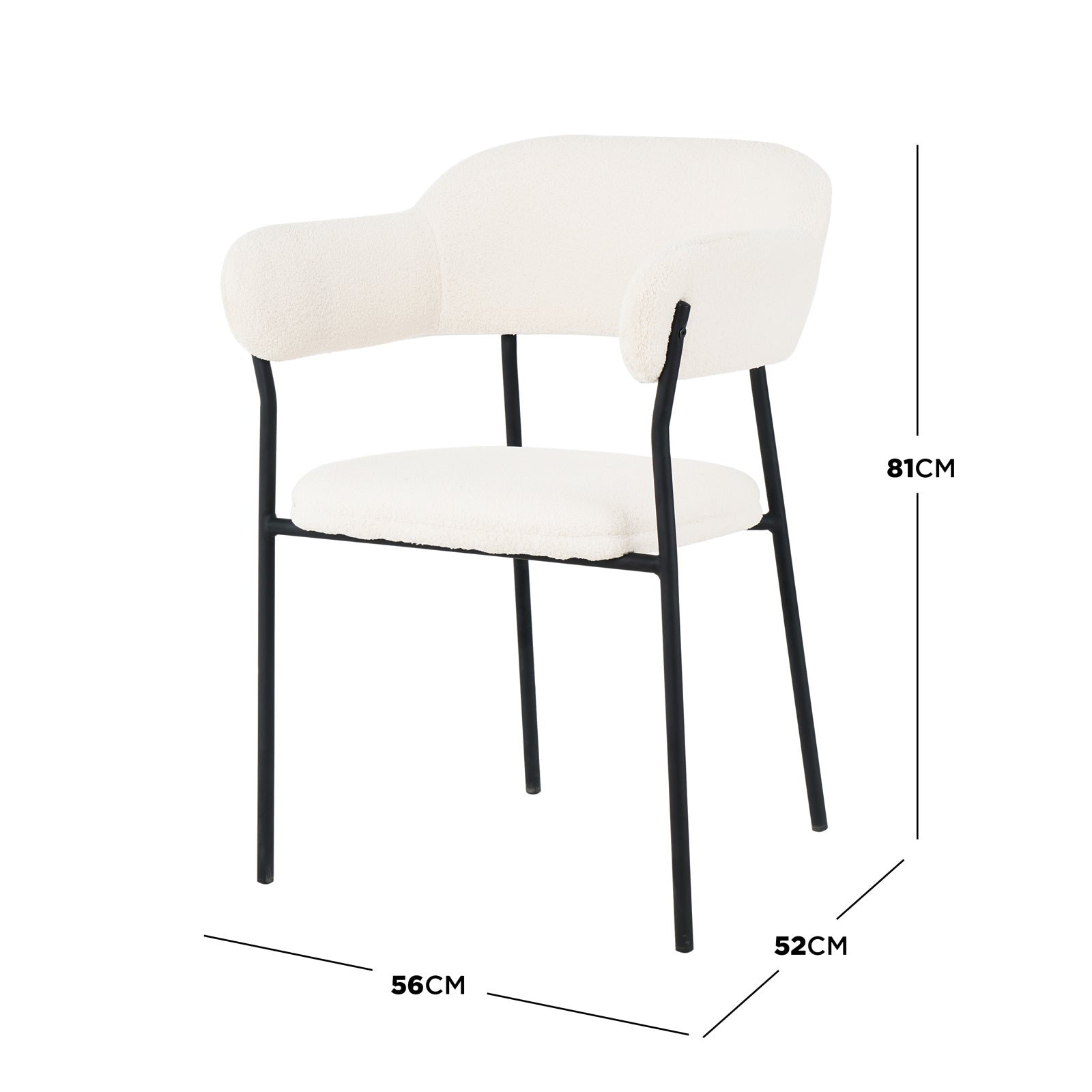 Clavin Boucle Dining Chair Set of 2 in Cream White features a modern design with slim black metal frame, off-white bouclé-style upholstery, curved backrest, and padded cushion, measuring 81cm tall.