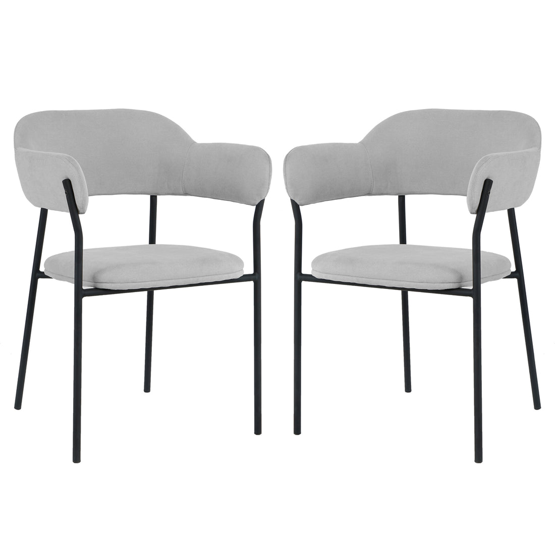 Clavin Fabric Dining Chair Set of 2 in Light Grey, featuring modern dining-style armchairs with upholstered seats and wrap-around backrests, supported by sleek black metal frames with four straight legs.