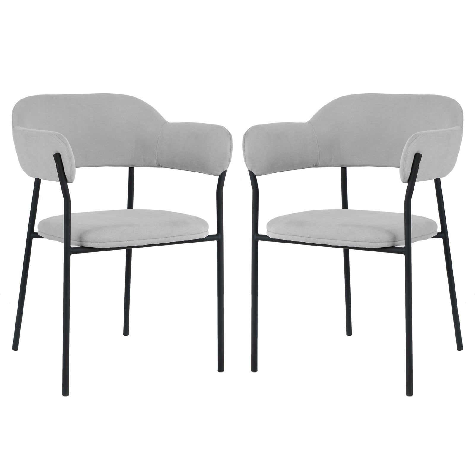 Clavin Fabric Dining Chair Set of 2 in Light Grey, featuring modern dining-style armchairs with upholstered seats and wrap-around backrests, supported by sleek black metal frames with four straight legs.