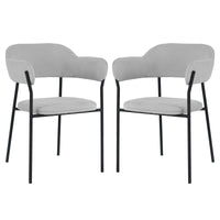 Clavin Fabric Dining Chair Set of 2 in Light Grey, featuring modern dining-style armchairs with upholstered seats and wrap-around backrests, supported by sleek black metal frames with four straight legs.