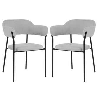 Clavin Fabric Dining Chair Set of 2 in Light Grey, featuring modern dining-style armchairs with upholstered seats and wrap-around backrests, supported by sleek black metal frames with four straight legs.