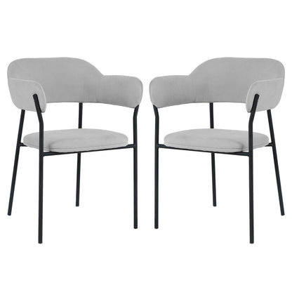 Clavin Fabric Dining Chair Set of 2 in Light Grey, featuring modern dining-style armchairs with upholstered seats and wrap-around backrests, supported by sleek black metal frames with four straight legs.