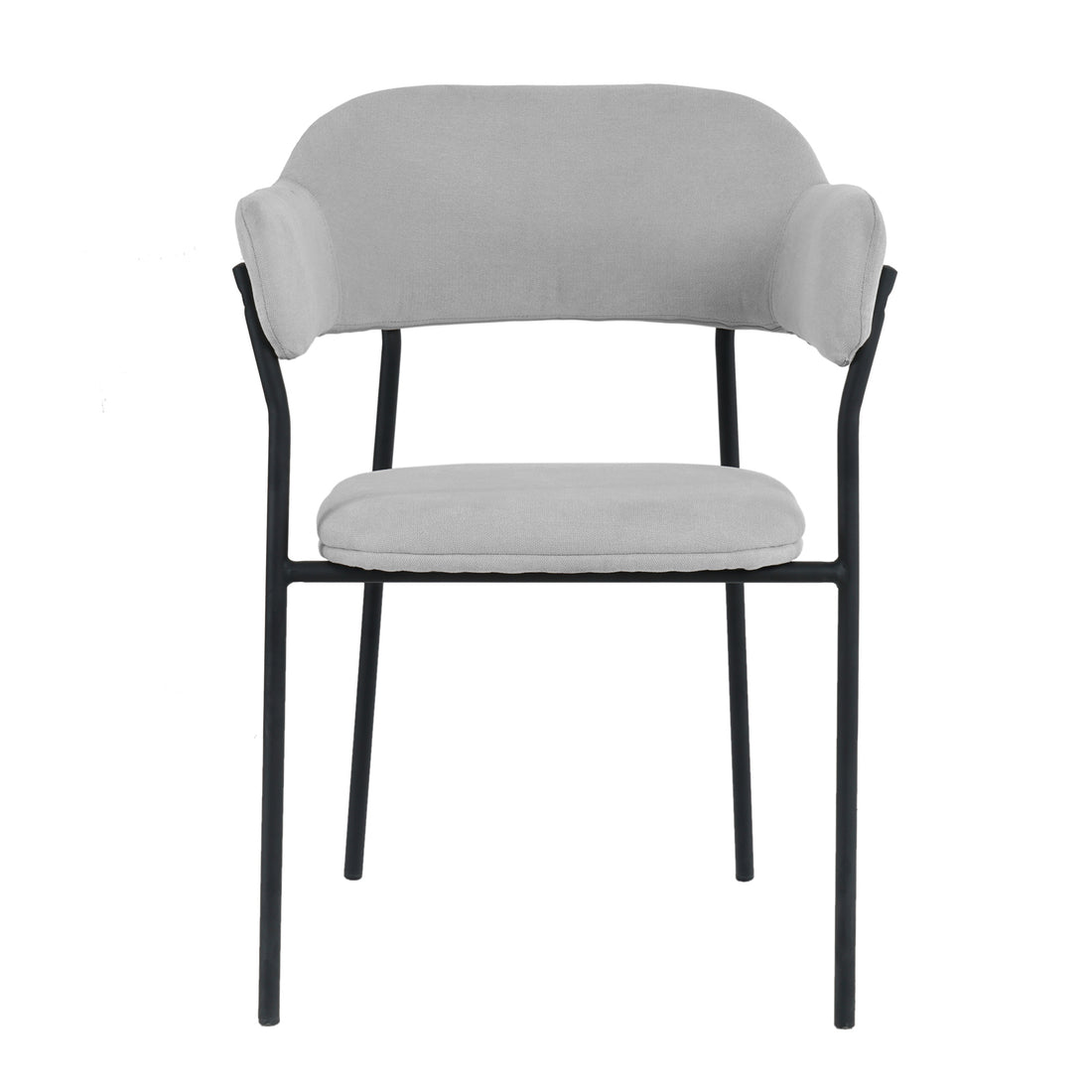 Clavin Fabric Dining Chair Set of 2 in Light Grey features a black metal frame with straight legs and upholstered seat and backrest, enhanced with short, rounded arm pads for minimalist elegance.
