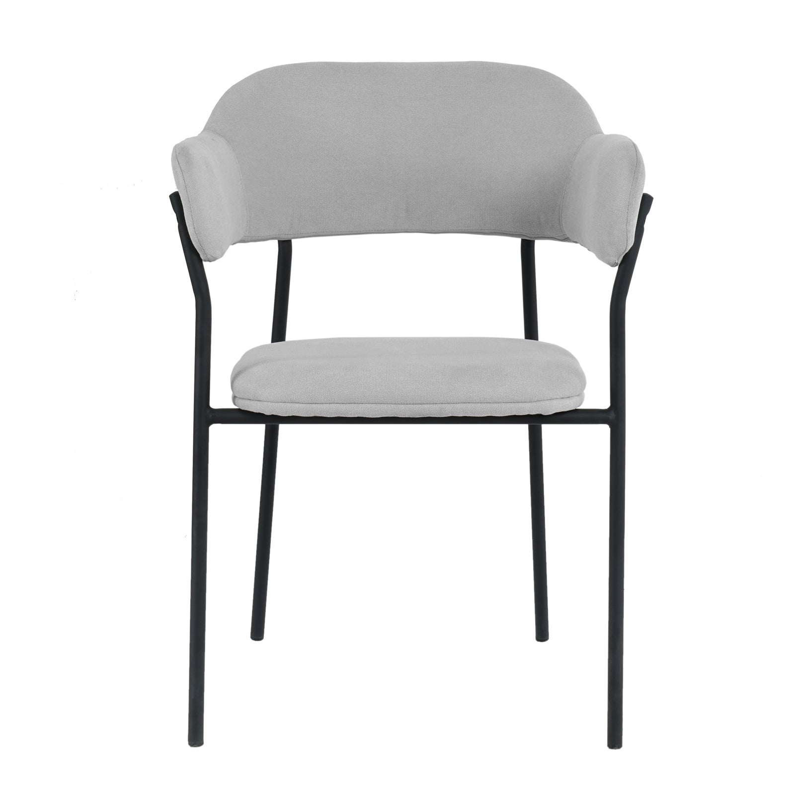 Clavin Fabric Dining Chair Set of 2 in Light Grey features a black metal frame with straight legs and upholstered seat and backrest, enhanced with short, rounded arm pads for minimalist elegance.
