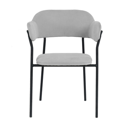 Clavin Fabric Dining Chair Set of 2 in Light Grey features a black metal frame with straight legs and upholstered seat and backrest, enhanced with short, rounded arm pads for minimalist elegance.