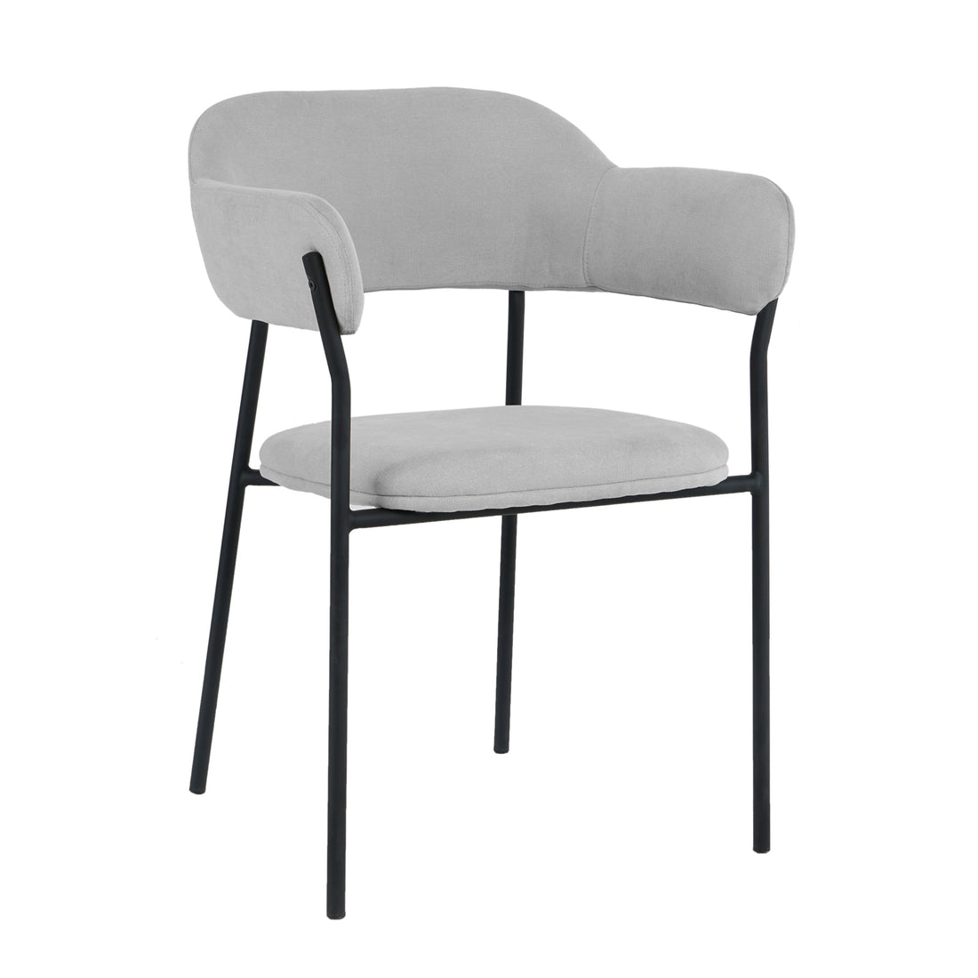 Clavin Fabric Dining Chair Set of 2 in Light Grey, featuring a modern design with a light gray padded fabric seat and backrest, supported by a sleek black metal frame and four straight legs.