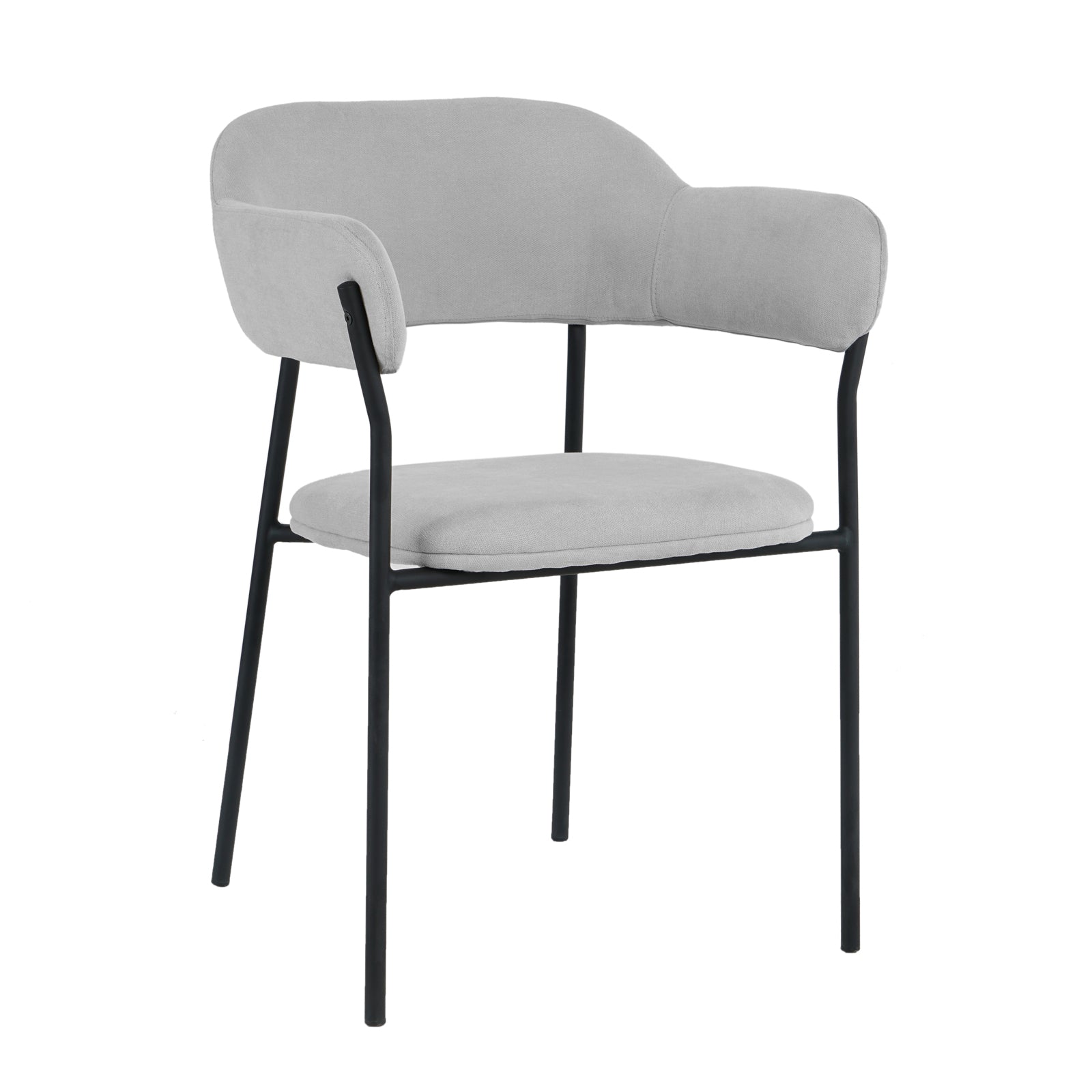 Clavin Fabric Dining Chair Set of 2 in Light Grey, featuring a modern design with a light gray padded fabric seat and backrest, supported by a sleek black metal frame and four straight legs.