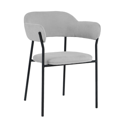 Clavin Fabric Dining Chair Set of 2 in Light Grey, featuring a modern design with a light gray padded fabric seat and backrest, supported by a sleek black metal frame and four straight legs.