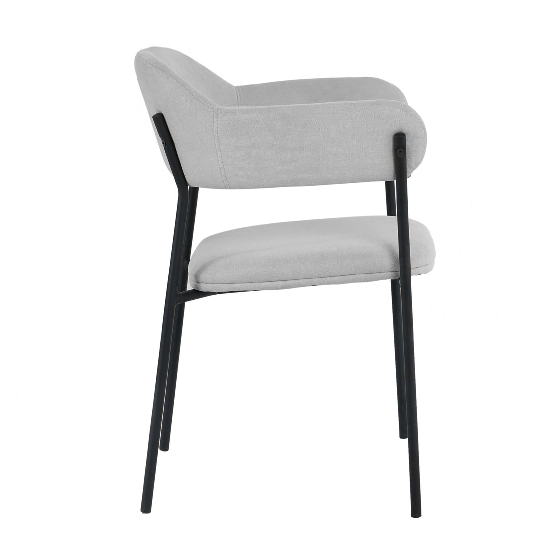 Clavin Fabric Dining Chair Set of 2 in Light Grey featuring a lightly upholstered seat and back with low, rounded armrests on a slim black metal frame with four straight legs.