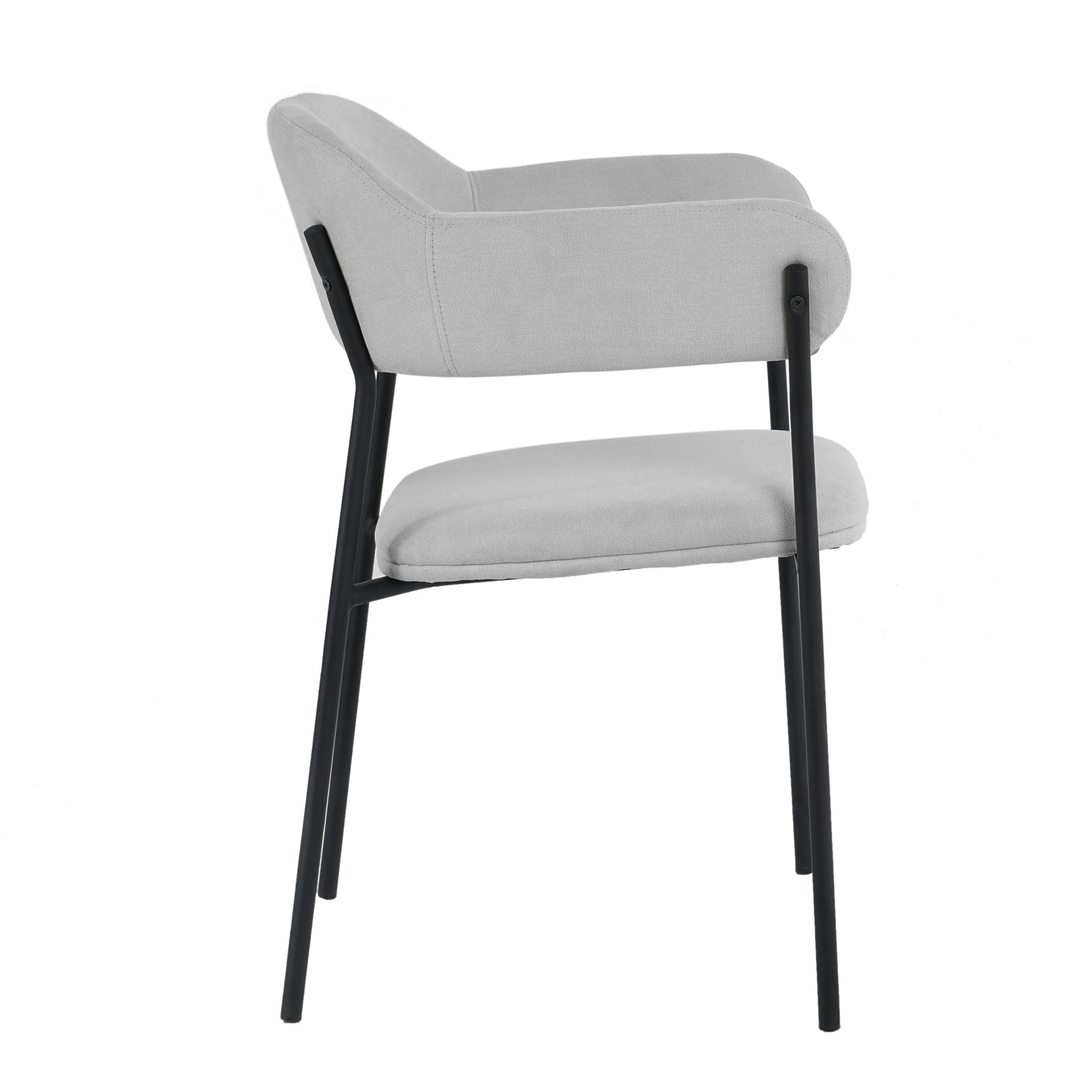 Clavin Fabric Dining Chair Set of 2 in Light Grey featuring a lightly upholstered seat and back with low, rounded armrests on a slim black metal frame with four straight legs.