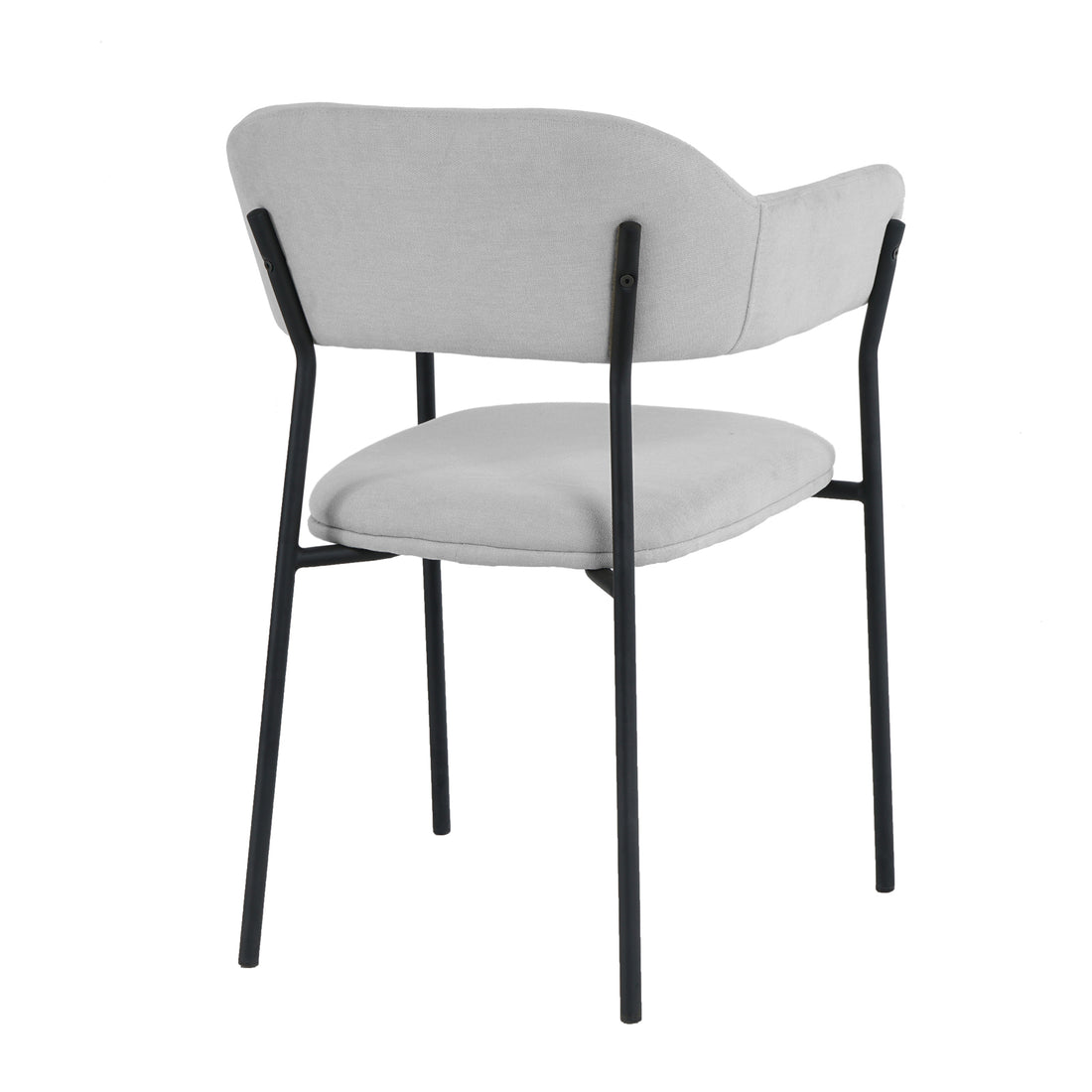 Clavin Fabric Dining Chair Set of 2 in Light Grey, featuring a minimalist design with gently curved, padded backrests and seats, upholstered in light gray fabric, supported by slim, black metal legs.