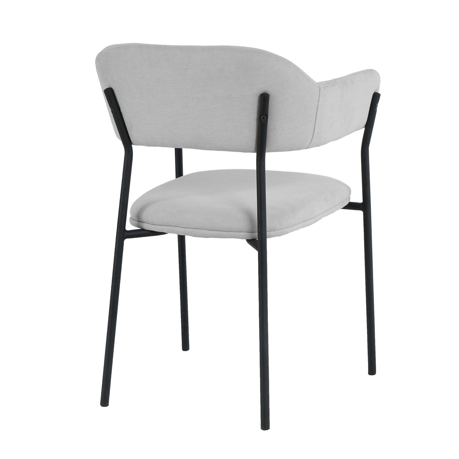 Clavin Fabric Dining Chair Set of 2 in Light Grey, featuring a minimalist design with gently curved, padded backrests and seats, upholstered in light gray fabric, supported by slim, black metal legs.