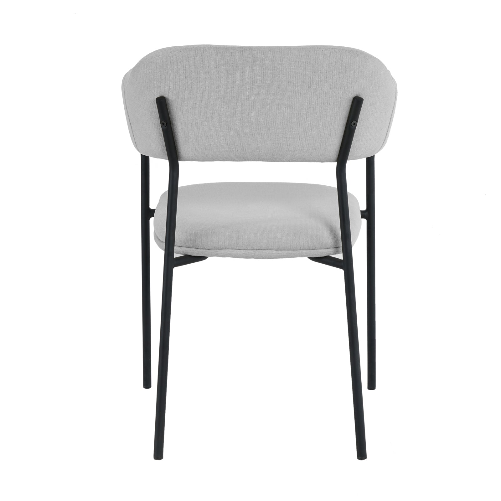 Clavin Fabric Dining Chair set of 2 in Light Grey, featuring a modern minimalist design with a light-gray upholstered seat and backrest, slender black metal legs, and a sleek frame.