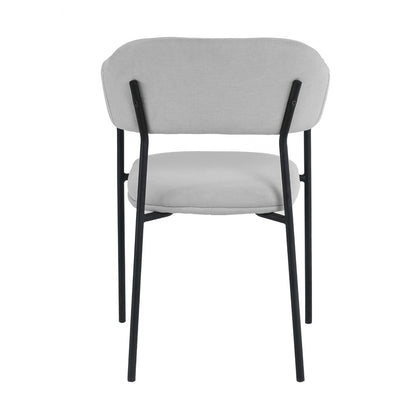 Clavin Fabric Dining Chair set of 2 in Light Grey, featuring a modern minimalist design with a light-gray upholstered seat and backrest, slender black metal legs, and a sleek frame.