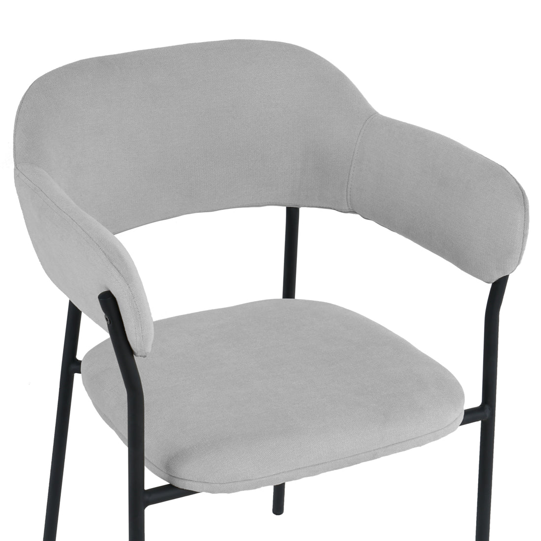 Clavin Fabric Dining Chair Set of 2 in Light Grey, featuring curved back and arm-style supports, pale grey cushions, and slender black-finished metal legs, offering modern style and comfort.