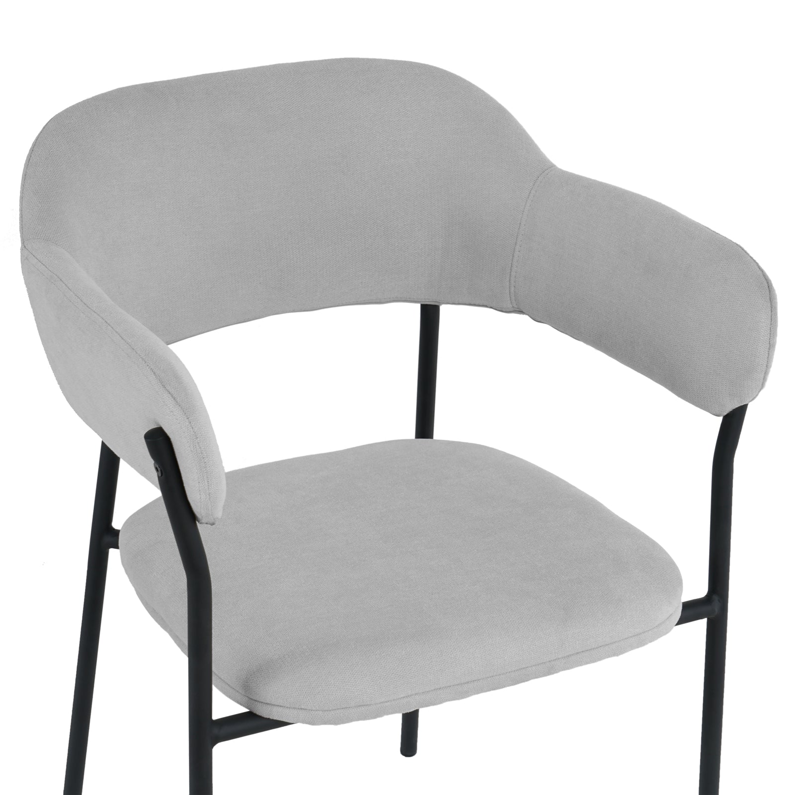 Clavin Fabric Dining Chair Set of 2 in Light Grey, featuring curved back and arm-style supports, pale grey cushions, and slender black-finished metal legs, offering modern style and comfort.