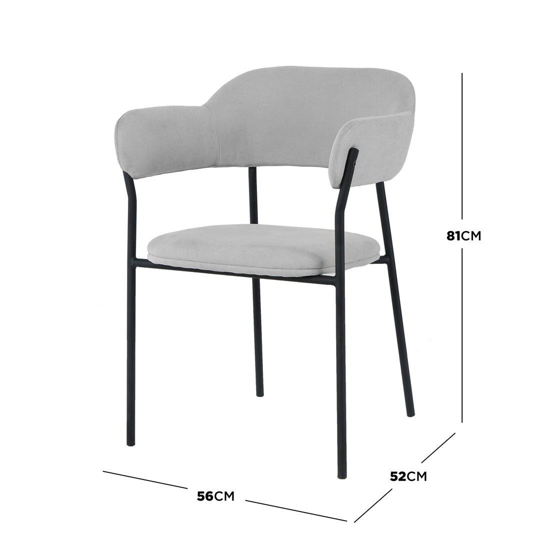 Clavin Fabric Dining Chair Set of 2 in Light Grey features slim black metal legs, a padded grey fabric seat, and wrap-around backrest/armrests, measuring 81 cm tall, 56 cm wide, and 52 cm deep.