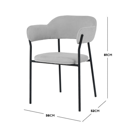 Clavin Fabric Dining Chair Set of 2 in Light Grey features slim black metal legs, a padded grey fabric seat, and wrap-around backrest/armrests, measuring 81 cm tall, 56 cm wide, and 52 cm deep.