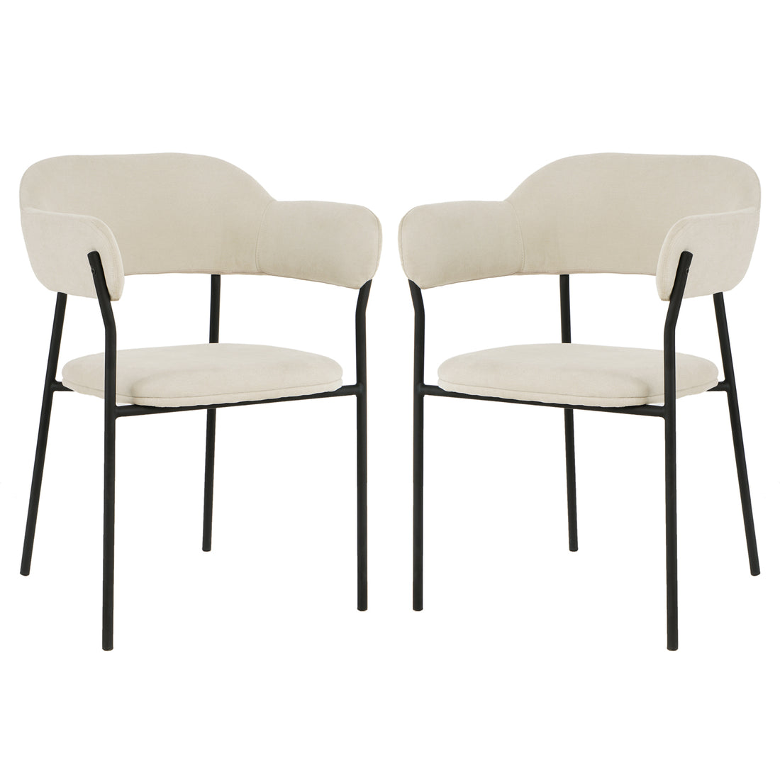 Clavin Fabric Dining Chair Set of 2 in Light Beige features slim black metal frames, padded round seats, and low wrap-around backrests with integrated arm pads, offering a minimalist and elegant dining solution.