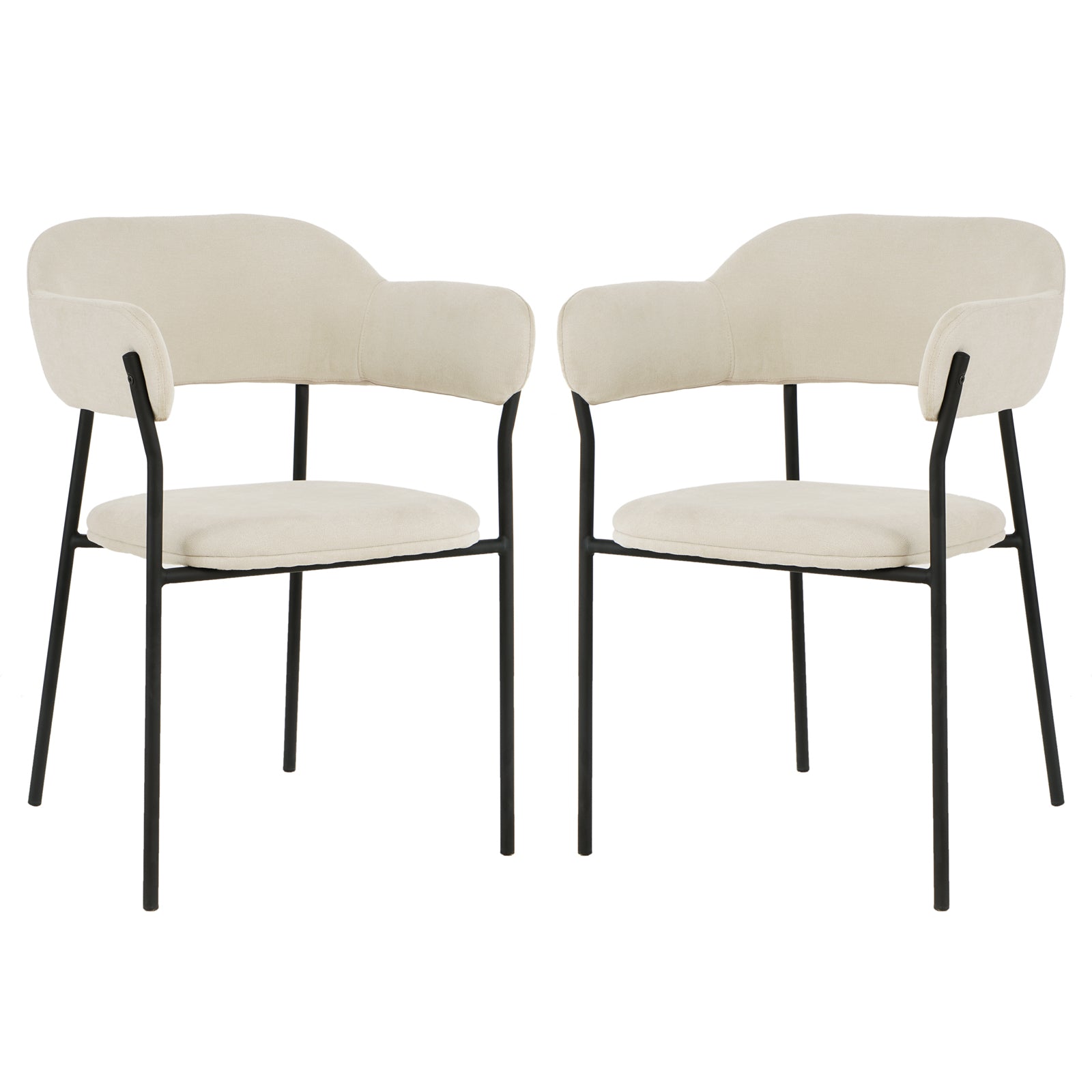 Clavin Fabric Dining Chair Set of 2 in Light Beige features slim black metal frames, padded round seats, and low wrap-around backrests with integrated arm pads, offering a minimalist and elegant dining solution.