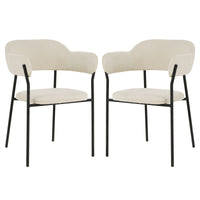 Clavin Fabric Dining Chair Set of 2 in Light Beige features slim black metal frames, padded round seats, and low wrap-around backrests with integrated arm pads, offering a minimalist and elegant dining solution.