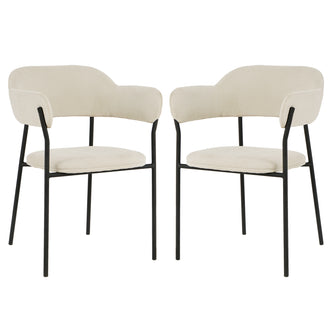 Clavin Fabric Dining Chair Set of 2 in Light Beige features slim black metal frames, padded round seats, and low wrap-around backrests with integrated arm pads, offering a minimalist and elegant dining solution.