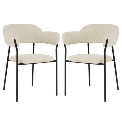Clavin Fabric Dining Chair Set of 2 in Light Beige features slim black metal frames, padded round seats, and low wrap-around backrests with integrated arm pads, offering a minimalist and elegant dining solution.