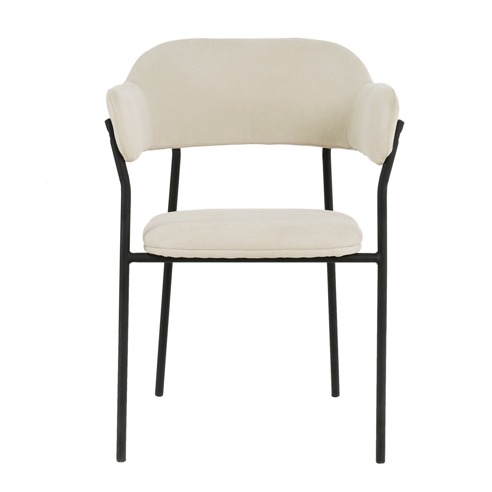 Clavin Fabric Dining Chair Set of 2 in Light Beige features a slim black metal frame, lightly padded seat, and gently curved backrest in cream fabric, showcasing elegant modern design.
