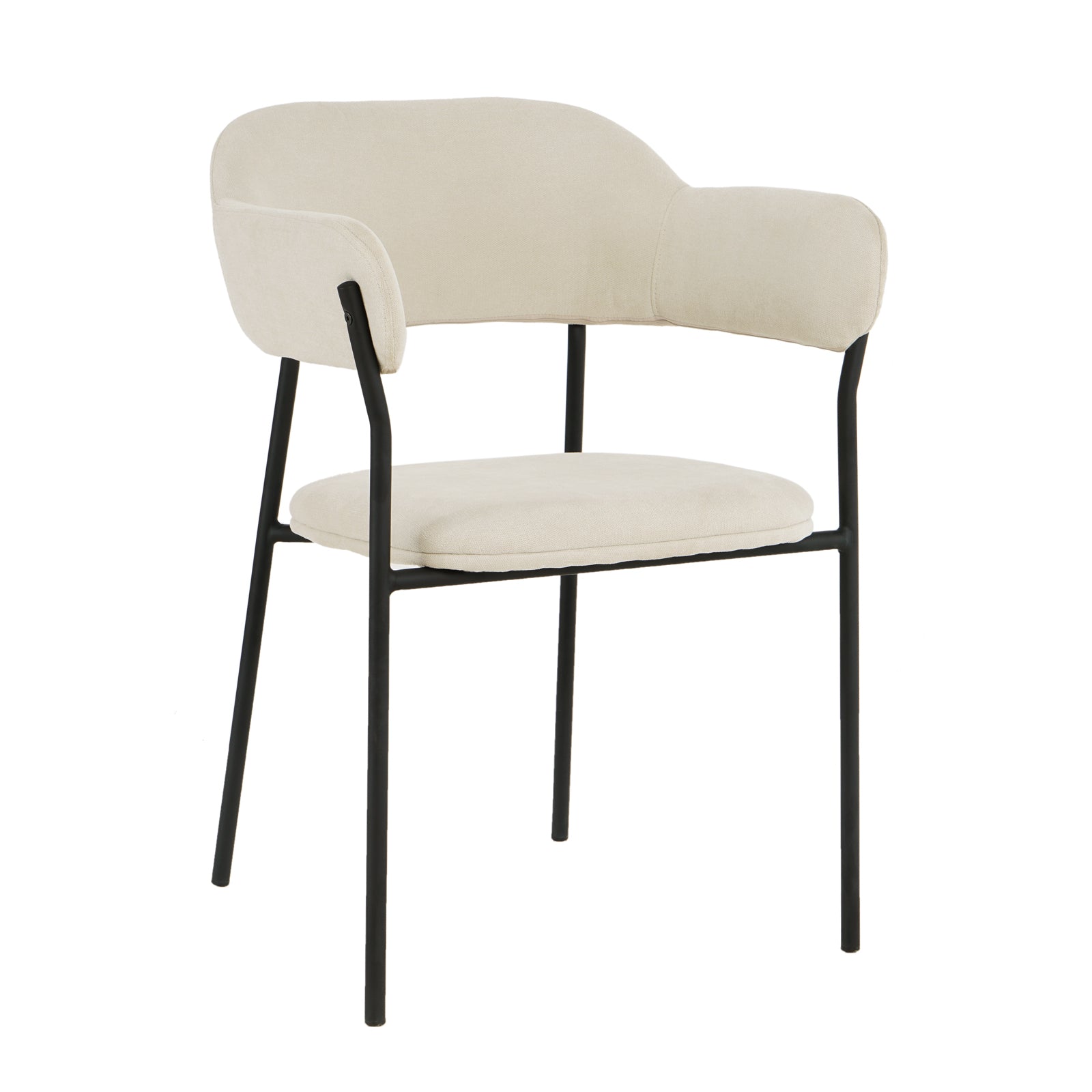 Clavin Fabric Dining Chair Set of 2 in Light Beige features a slim black metal frame with a cream-colored padded seat and curved backrest, embodying a minimalist modern design.