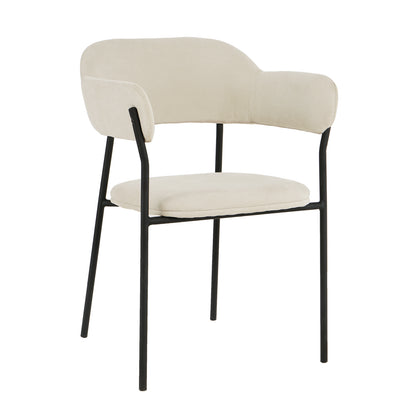 Clavin Fabric Dining Chair Set of 2 in Light Beige features a slim black metal frame with a cream-colored padded seat and curved backrest, embodying a minimalist modern design.