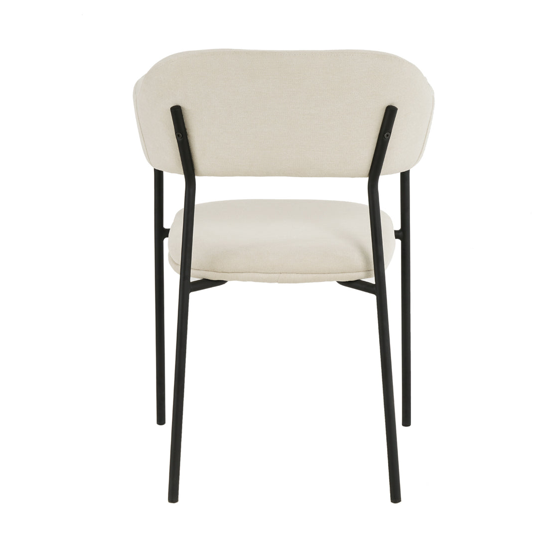 Clavin Fabric Dining Chair Set of 2 in Light Beige, featuring a rounded, upholstered seat and backrest with slender black metal legs, highlighting a modern dining style from a rear view.