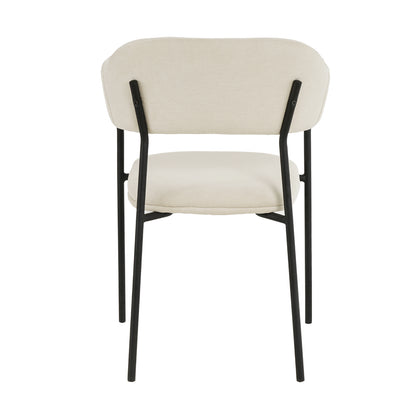 Clavin Fabric Dining Chair Set of 2 in Light Beige, featuring a rounded, upholstered seat and backrest with slender black metal legs, highlighting a modern dining style from a rear view.