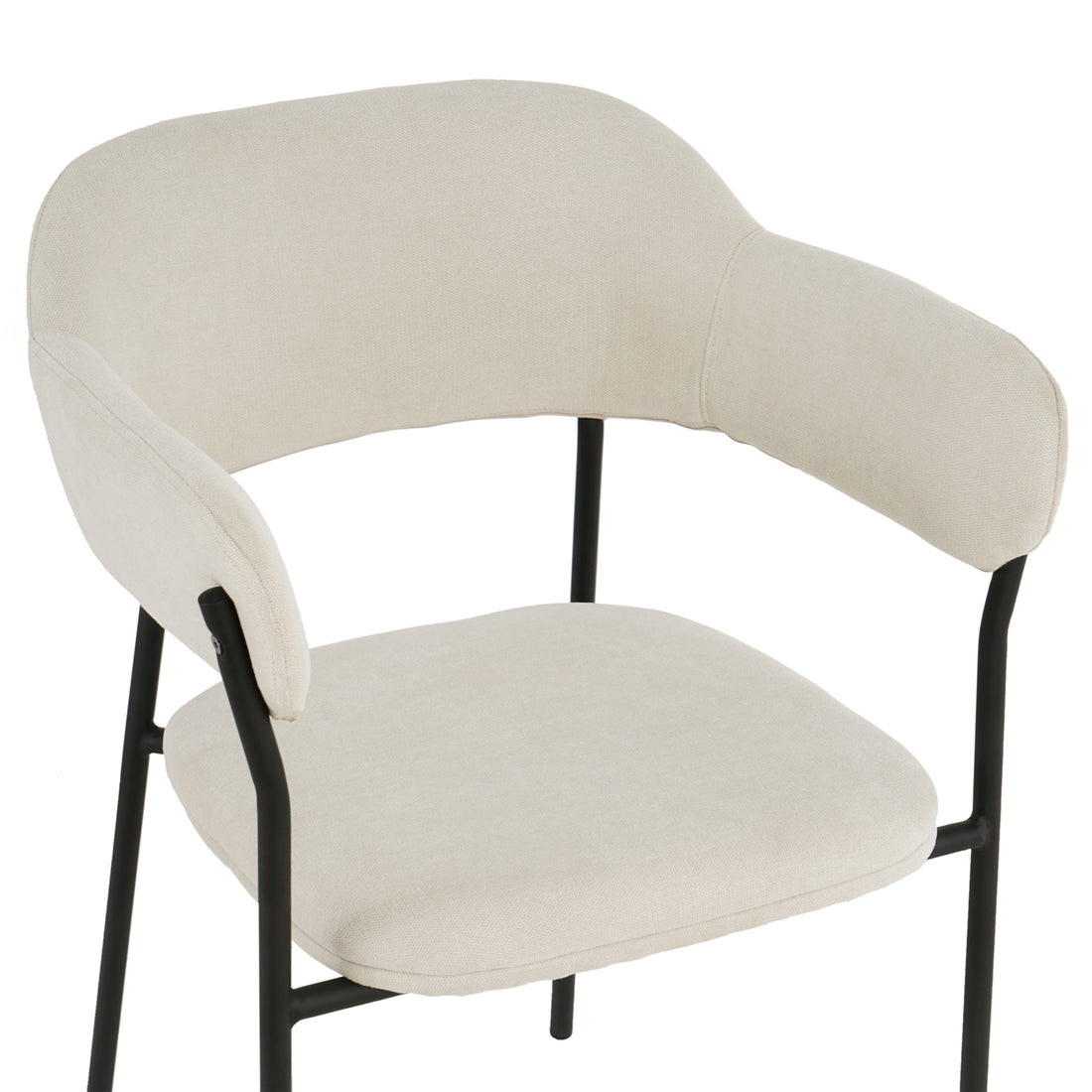 Clavin Fabric Dining Chair Set of 2 in Light Beige, featuring padded seats and wraparound armrests on a slim black metal frame with four straight legs, showcasing modern elegance and comfort.