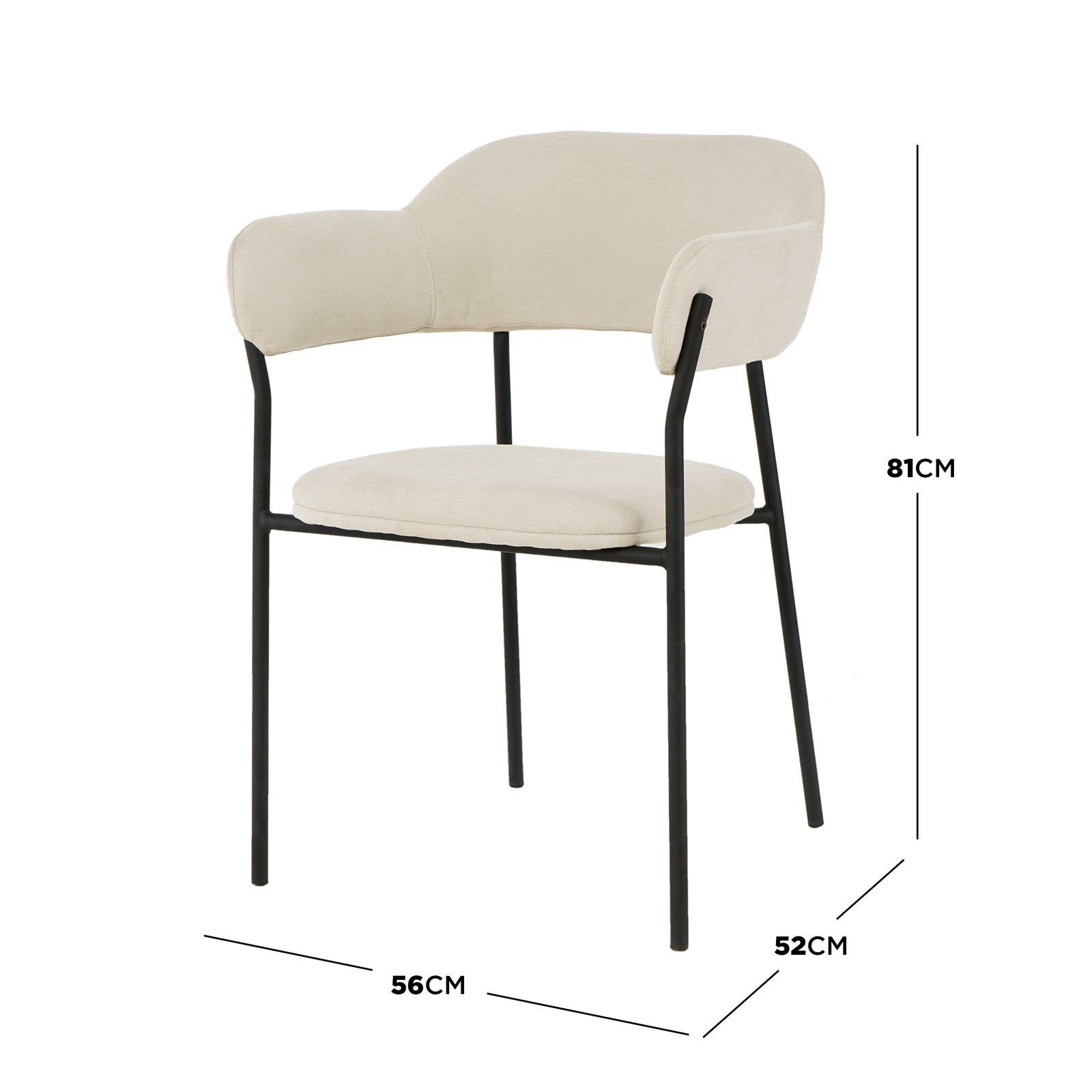 Clavin Fabric Dining Chair Set of 2 in Light Beige features a slim black metal frame with cream-beige upholstered seat, backrest, and arm pads, measuring 56cm wide, 52cm deep, and 81cm tall.