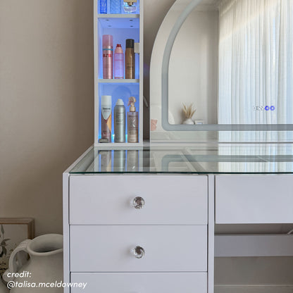 Cleo Makeup Vanity Table with Arched LED Mirror in White