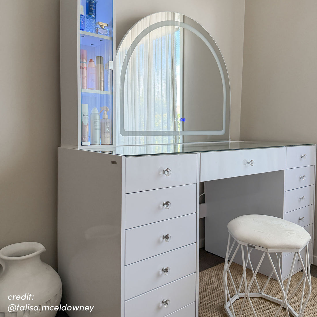 Cleo Makeup Vanity Table with Arched LED Mirror in White