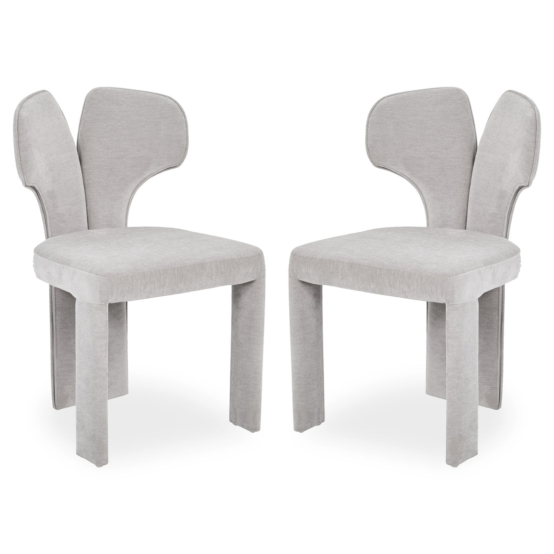 Two light gray modern chairs with butterfly-shaped backrests on white background