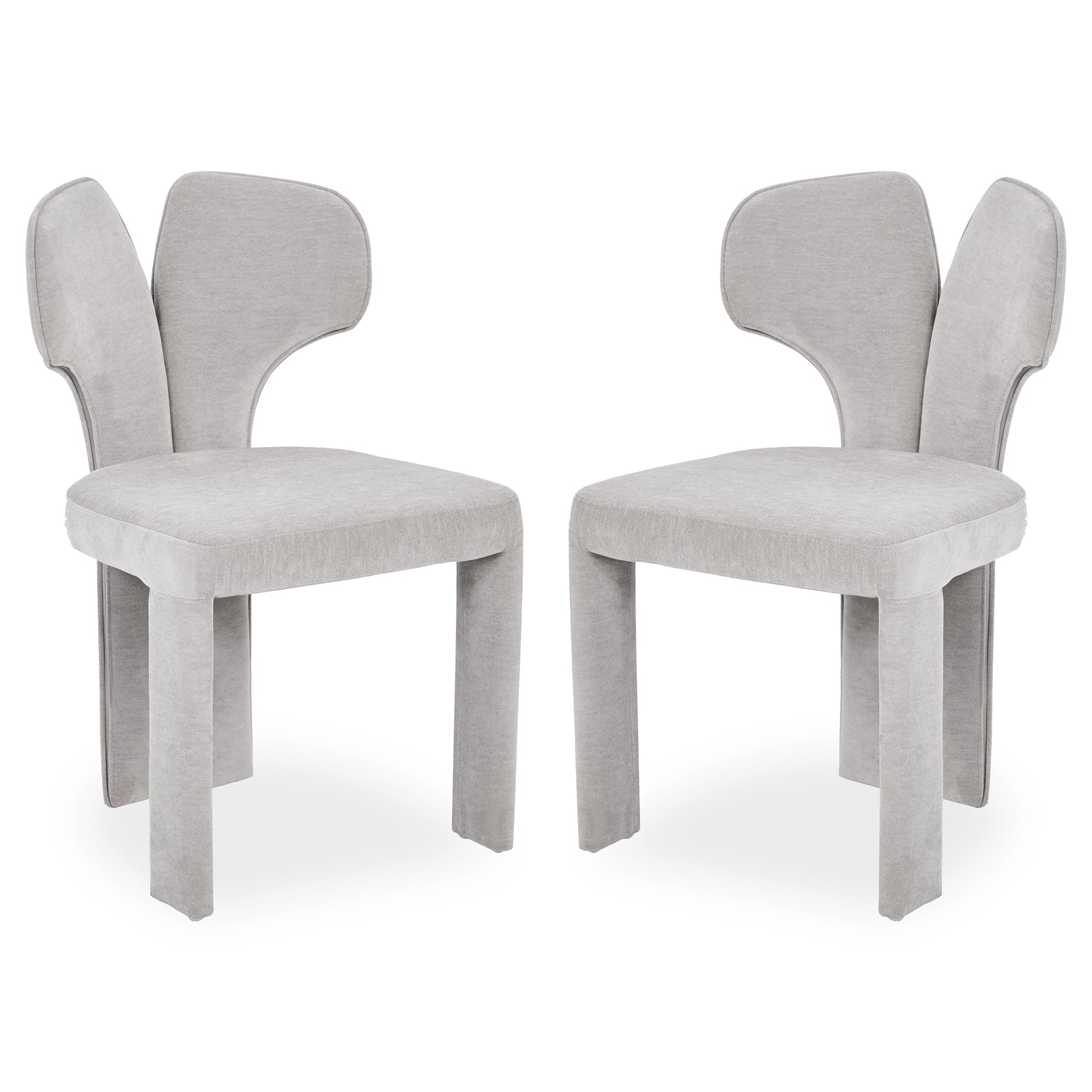 Two light gray modern chairs with butterfly-shaped backrests on white background
